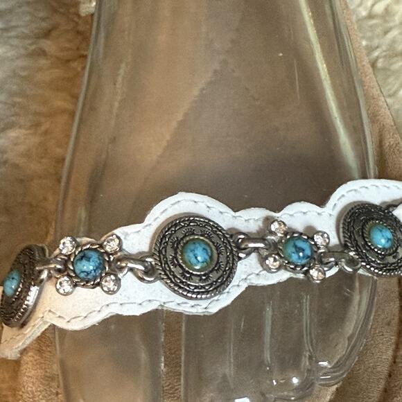 Minnetonka White Leather Boca Slide III Sandals Sz 9 Turquoise Conchos Tribal - Picture 5 of 9